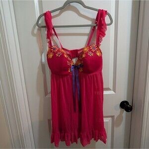 Cacique Lane Bryant Babydoll Lingerie Top Hot Pink Floral Mesh 18/20